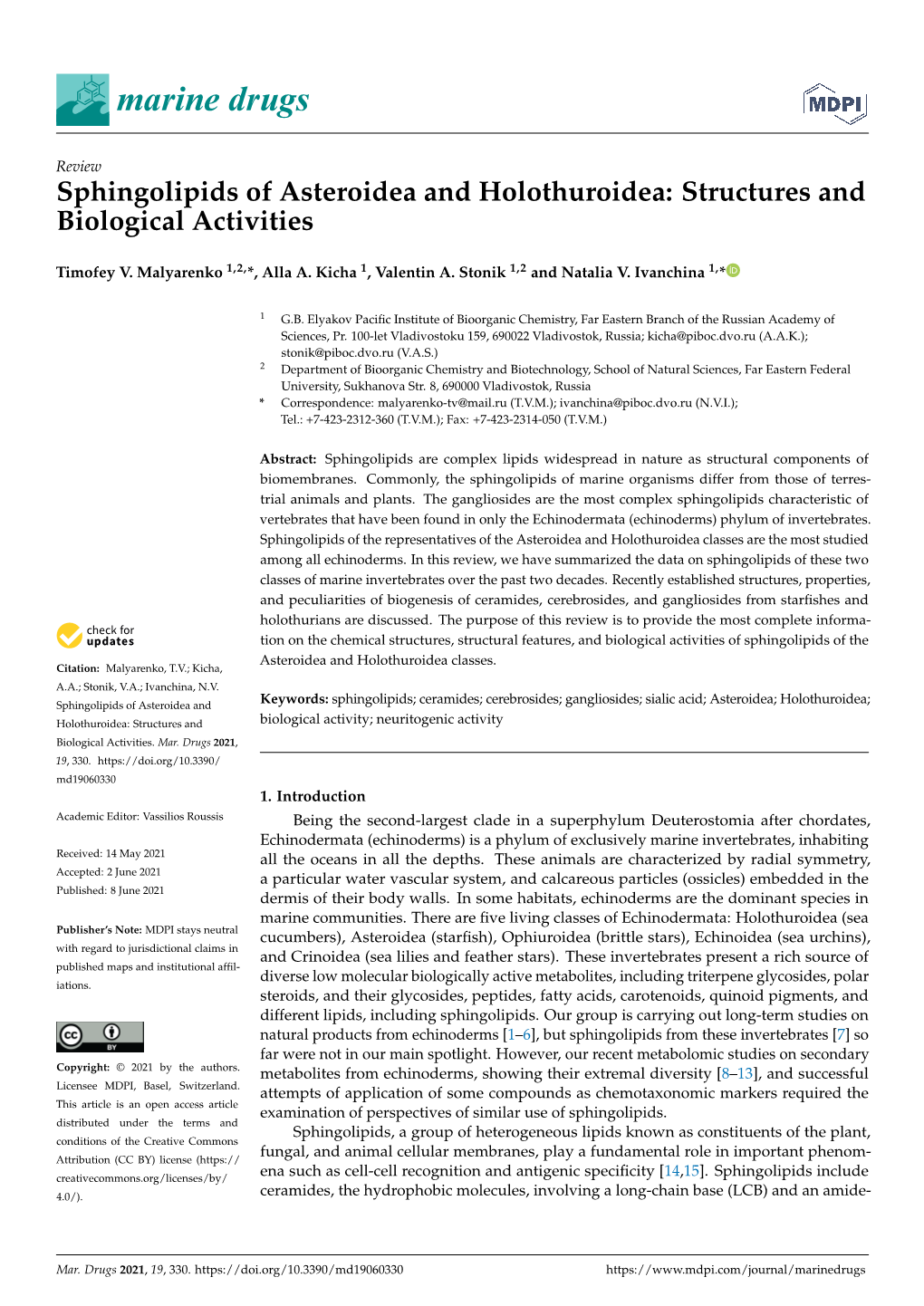 Sphingolipids of Asteroidea and Holothuroidea: Structures and Biological Activities