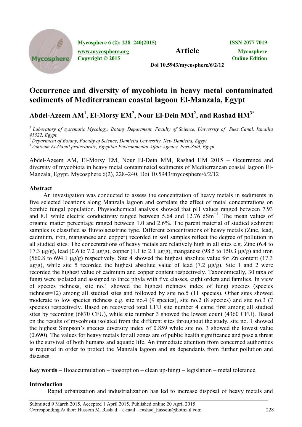 Occurrence and Diversity of Mycobiota in Heavy Metal Contaminated Sediments of Mediterranean Coastal Lagoon El-Manzala, Egypt