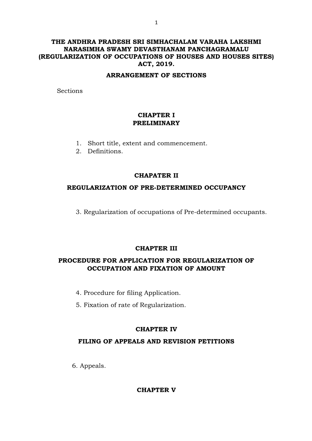 The Andhra Pradesh Sri Simhachalam Varaha Lakshmi Narasimha Swamy Devasthanam Panchagramalu (Regularization of Occupations of Houses and Houses Sites) Act, 2019