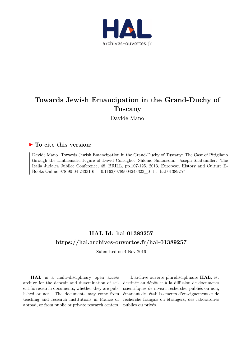 Towards Jewish Emancipation in the Grand-Duchy of Tuscany Davide Mano