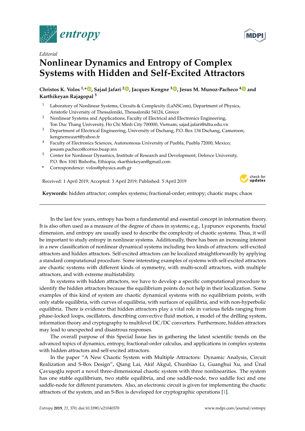 Nonlinear Dynamics and Entropy of Complex Systems with Hidden and Self-Excited Attractors