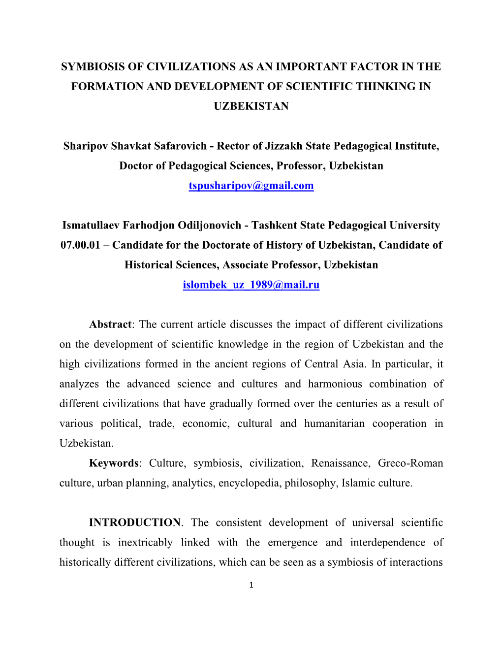 Symbiosis of Civilizations As an Important Factor in the Formation and Development of Scientific Thinking in Uzbekistan
