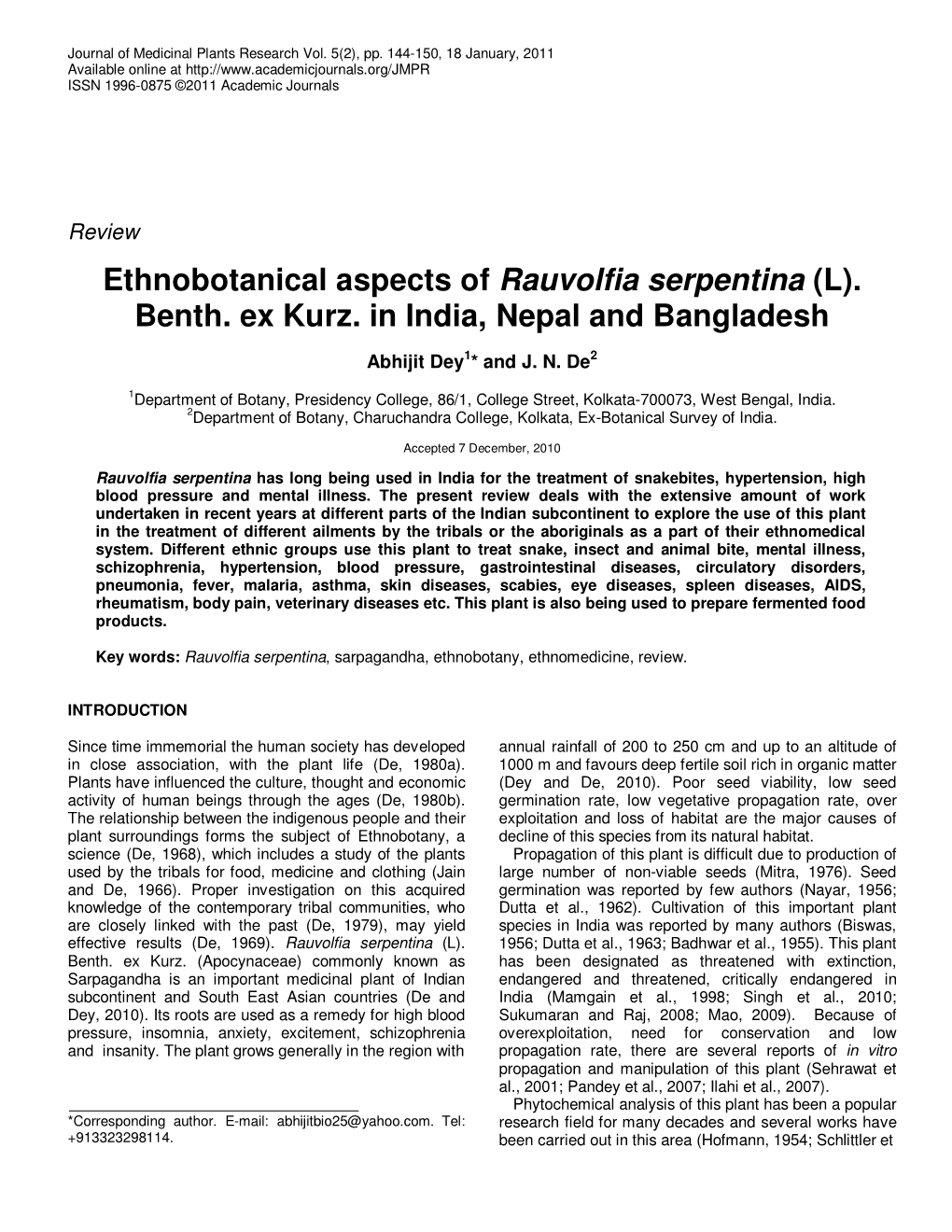 Ethnobotanical Aspects of Rauvolfia Serpentina (L)