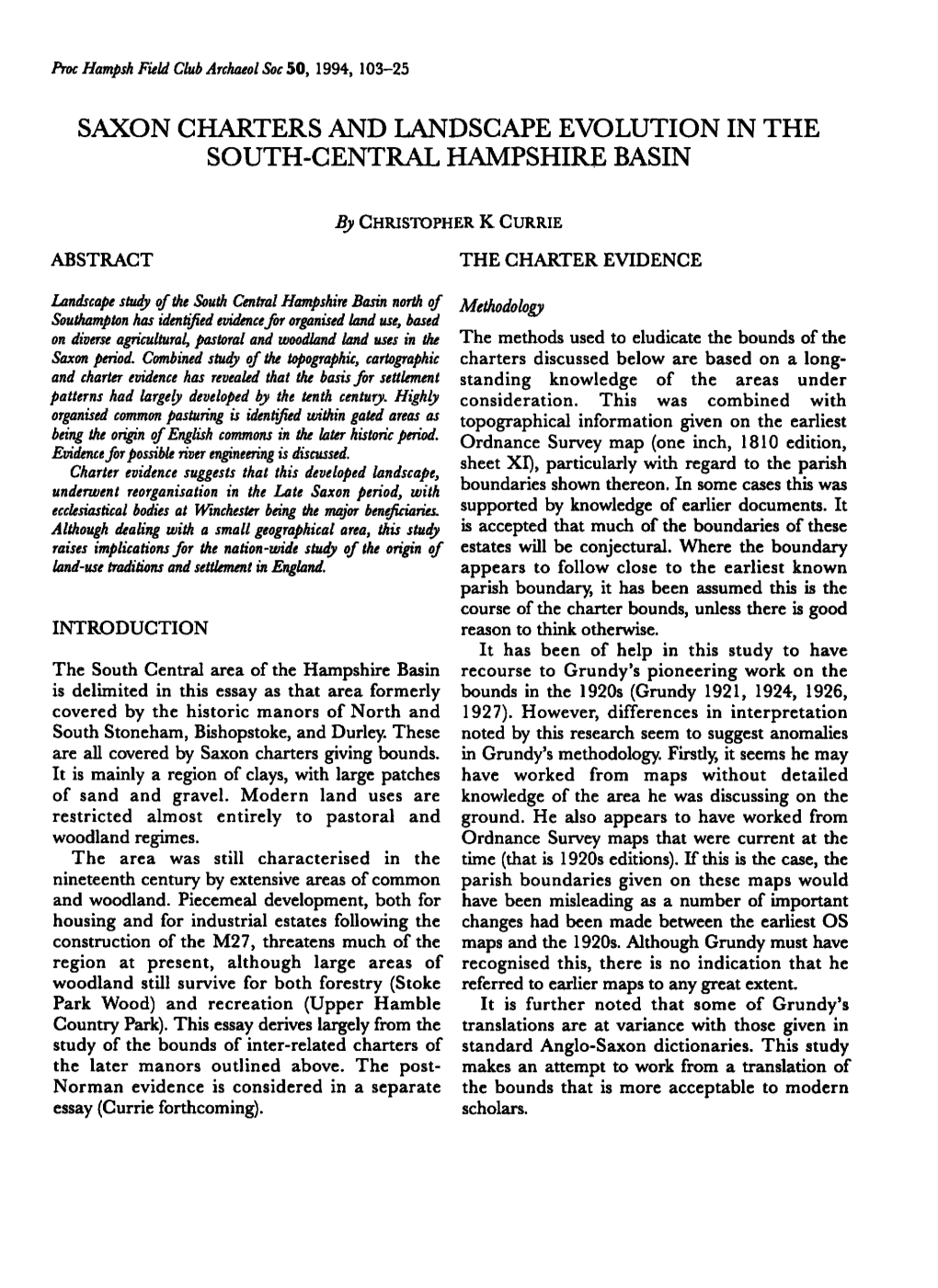 Saxon Charters and Landscape Evolution in the South-Central Hampshire Basin