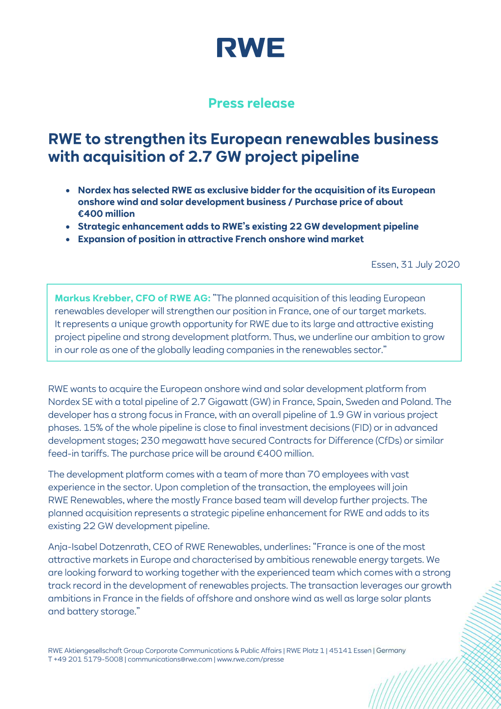 RWE to Strengthen Its European Renewables Business with Acquisition of 2.7 GW Project Pipeline