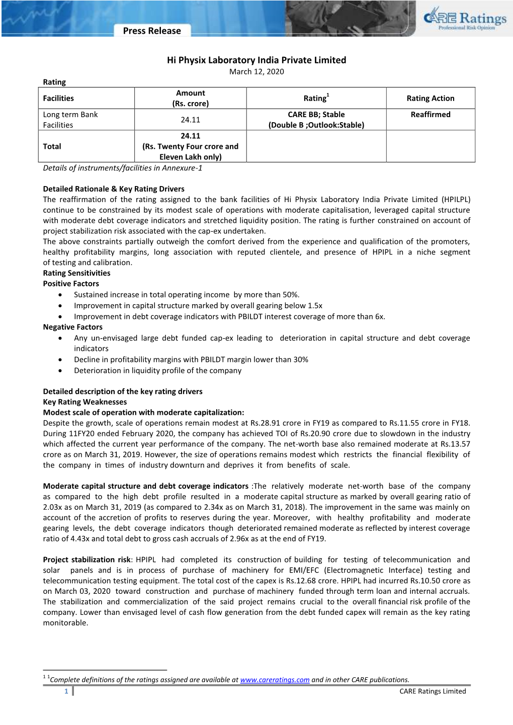 Press Release Hi Physix Laboratory India Private Limited