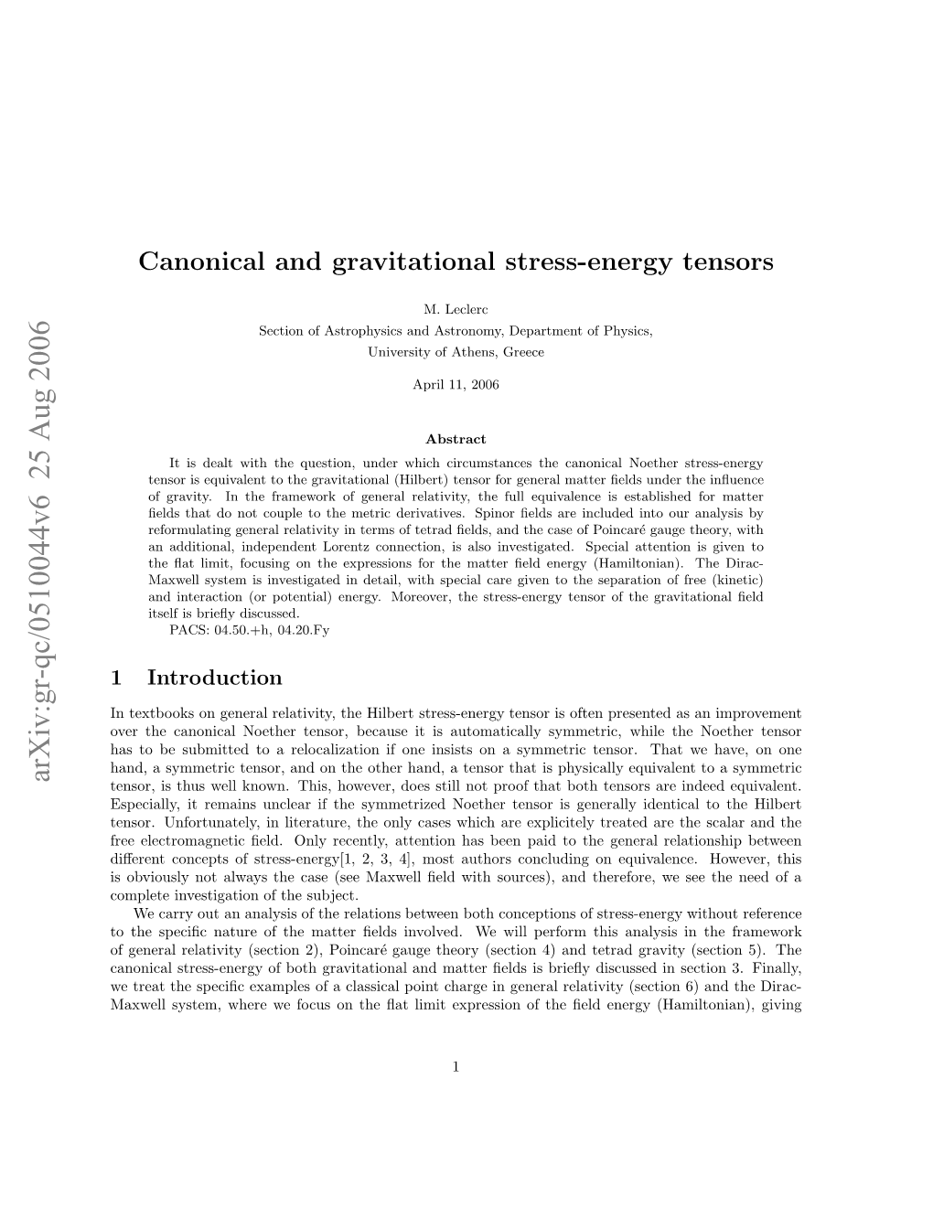 Canonical and Gravitational Stress-Energy Tensors