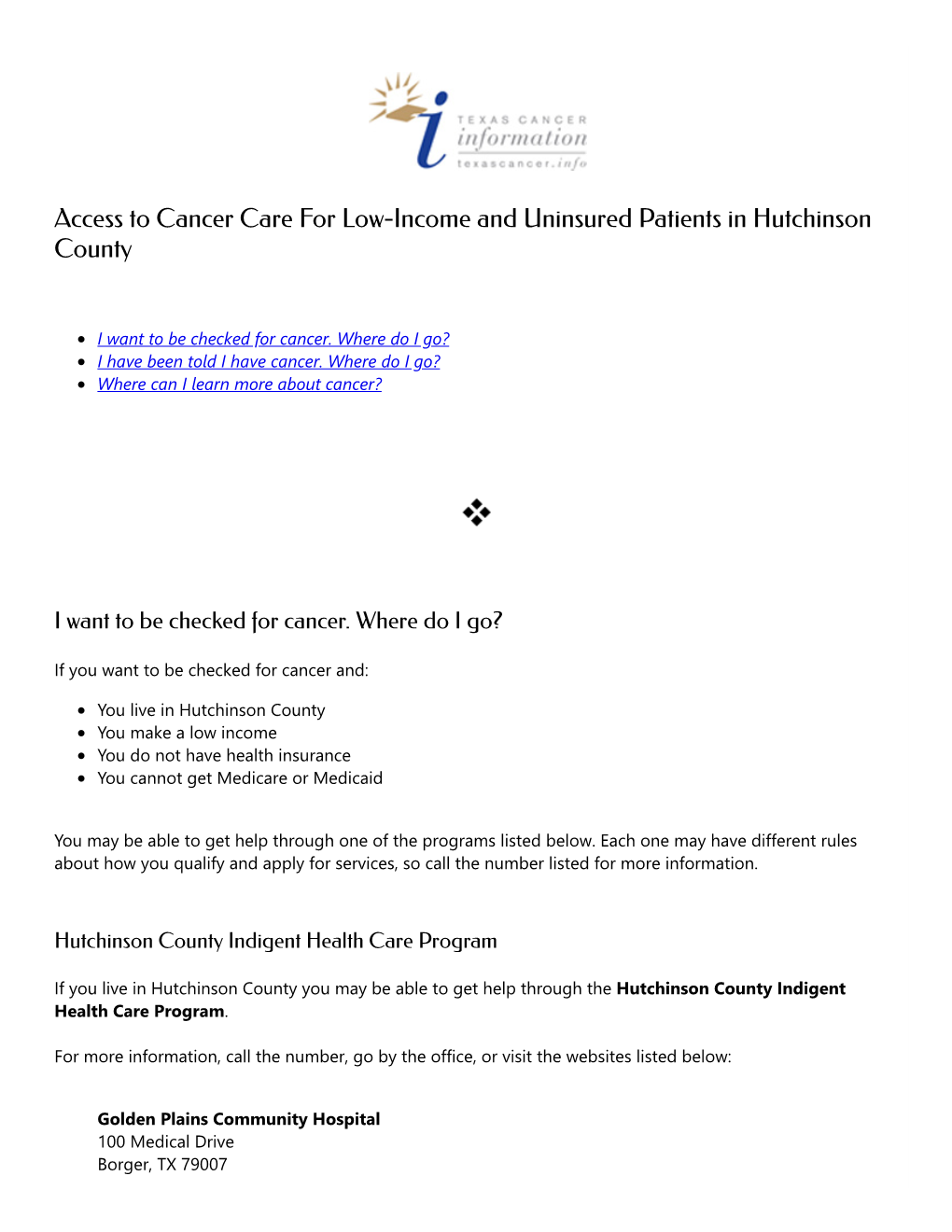 Access to Cancer Care for Low-Income and Uninsured Patients in Hutchinson County