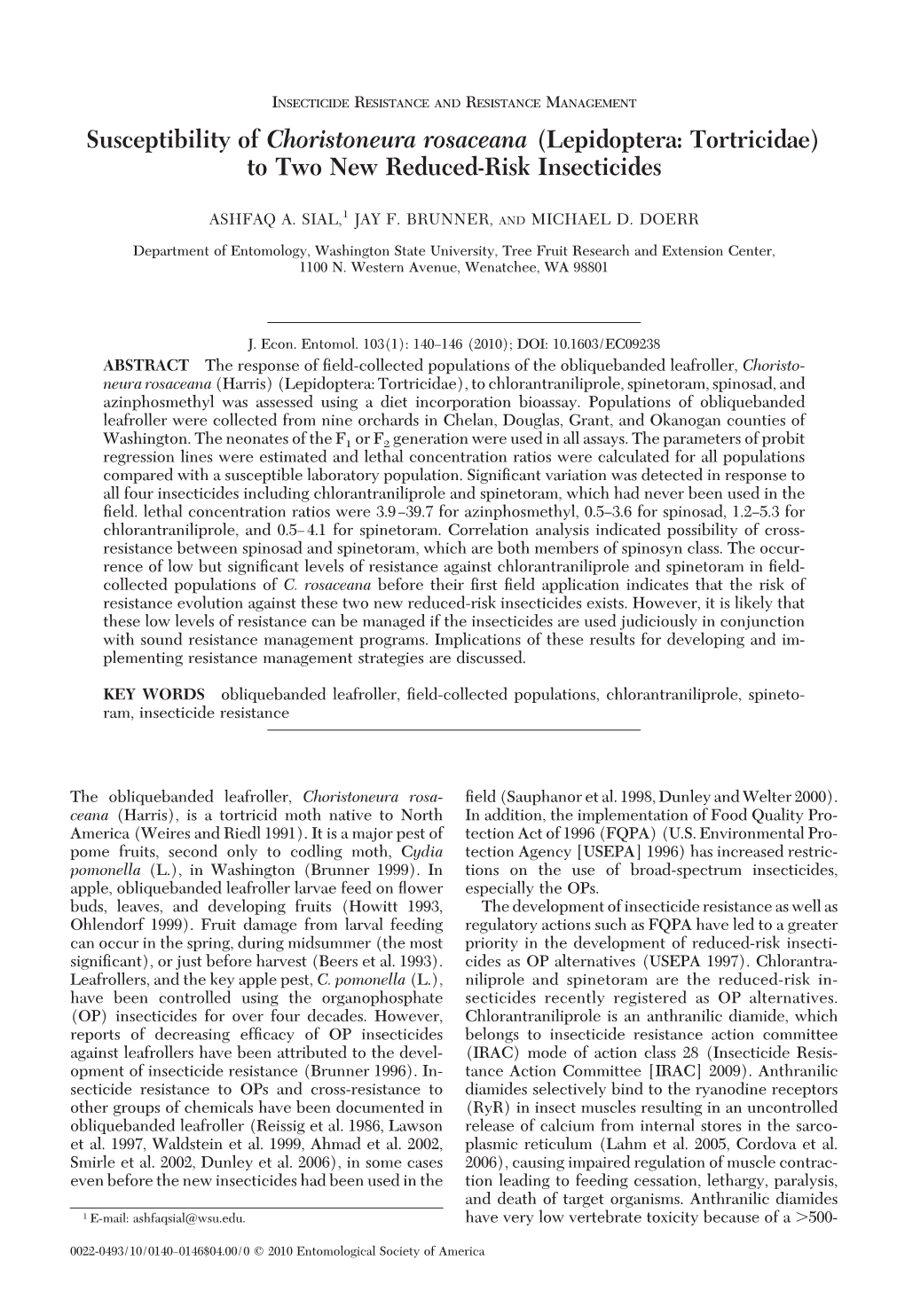 Susceptibility of Choristoneura Rosaceana (Lepidoptera: Tortricidae) to Two New Reduced-Risk Insecticides