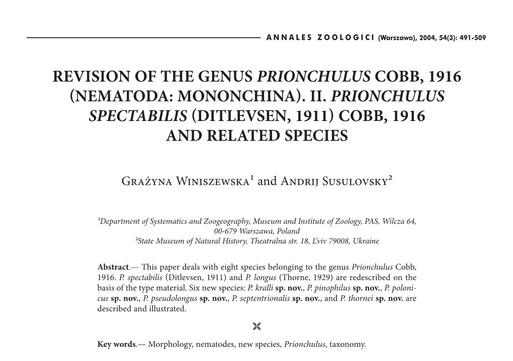 Mononchina . Ii. Prionchulus Spectabilis Ditlevsen, 1911