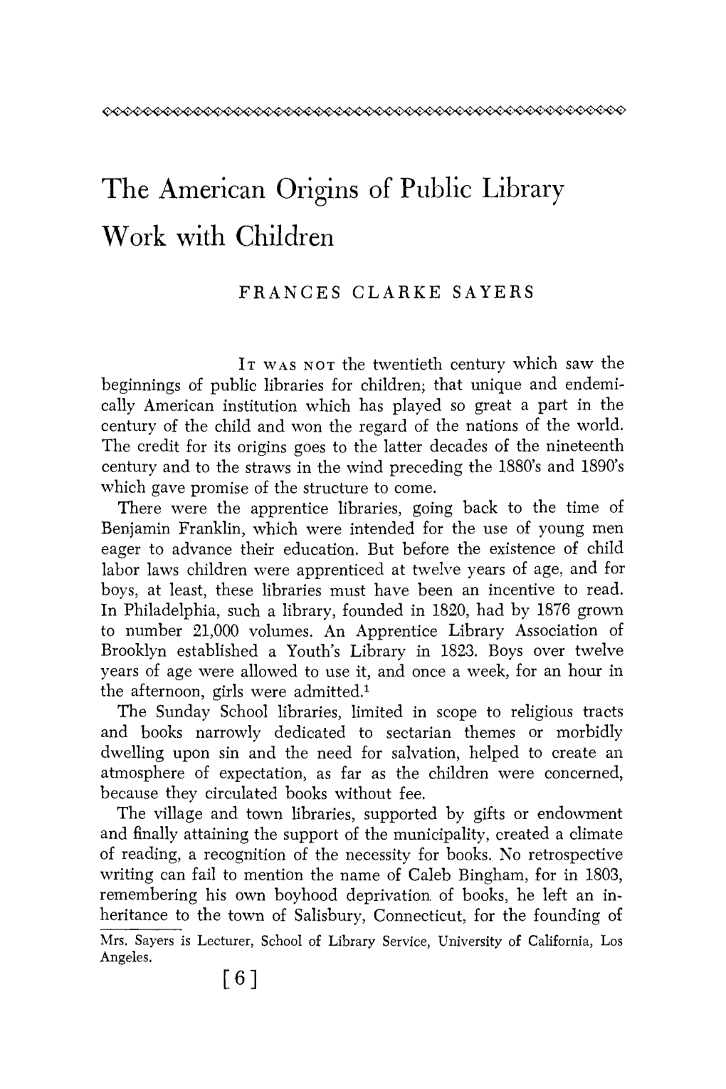 The American Origins of Public Library Work with Children