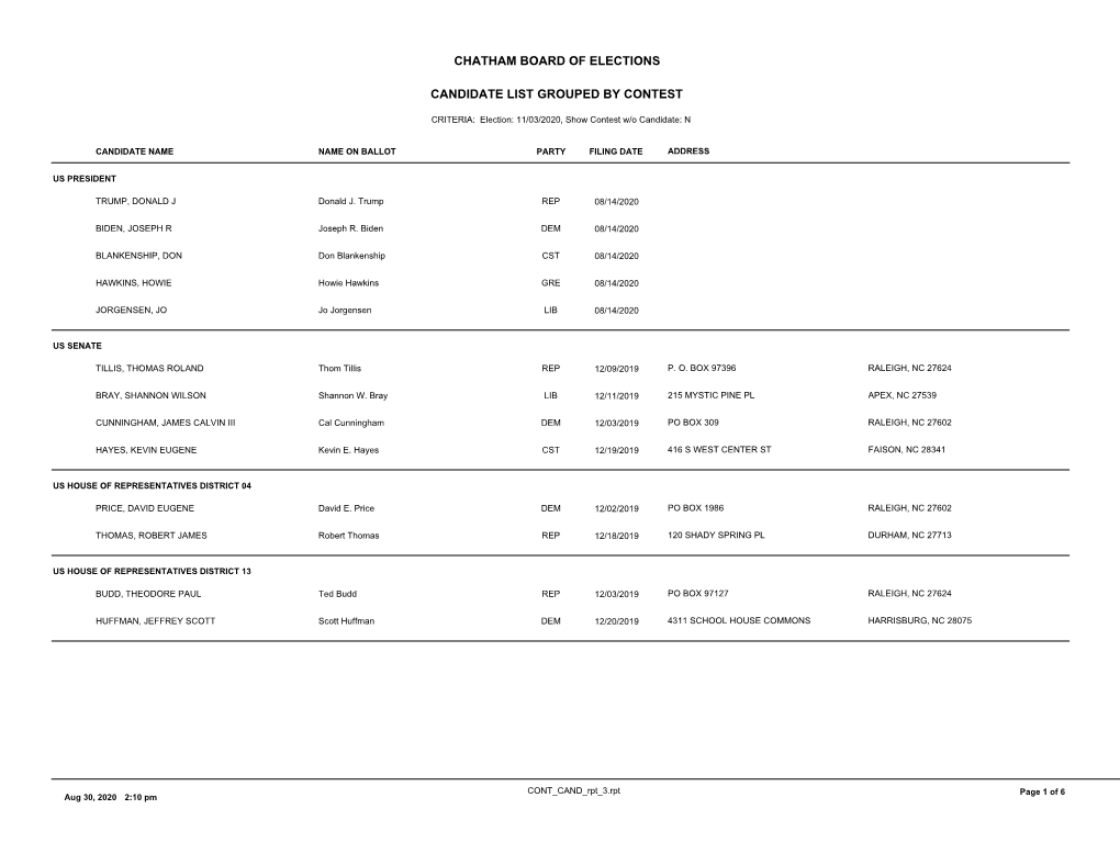 Candidate List Grouped by Contest Chatham Board of Elections