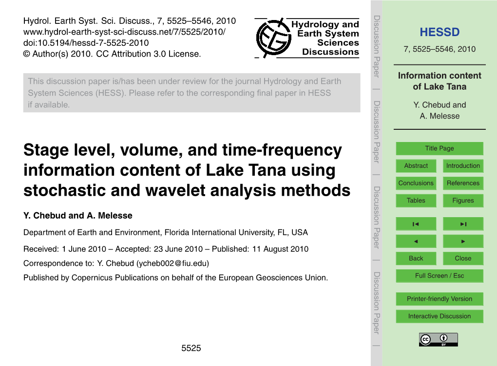 Information Content of Lake Tana Using Abstract Introduction Stochastic and Wavelet Analysis Methods Conclusions References Tables Figures Y