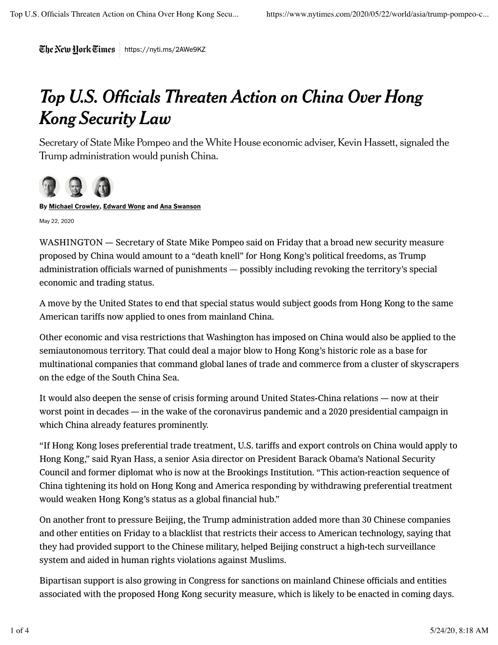 Top US Officials Threaten Action on China Over Hong Kong Security