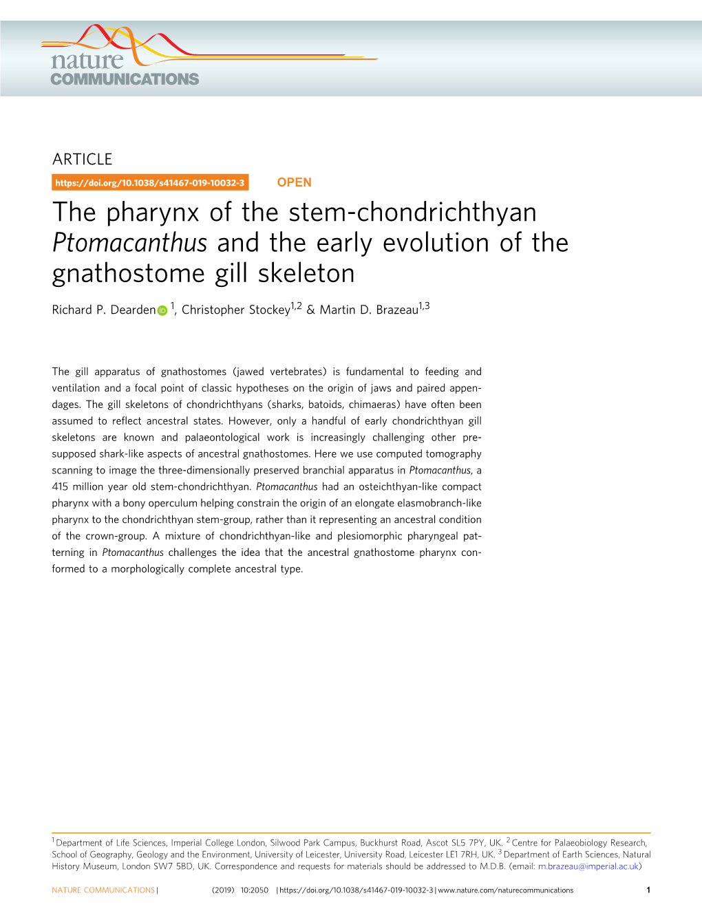 The Pharynx of the Stem-Chondrichthyan Ptomacanthus and the Early Evolution of the Gnathostome Gill Skeleton