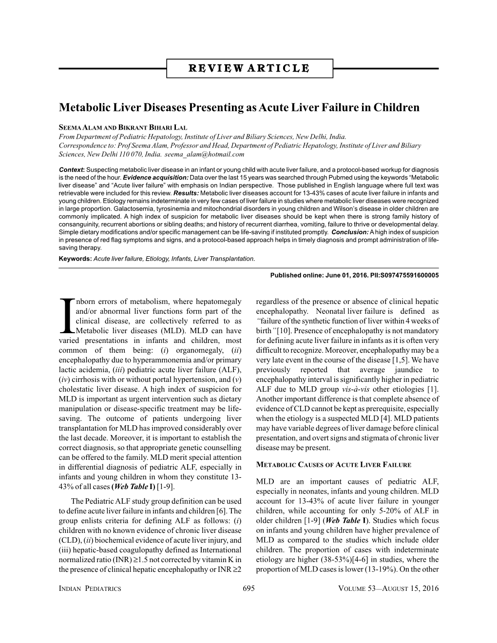 Metabolic Liver Diseases Presenting As Acute Liver Failure in Children