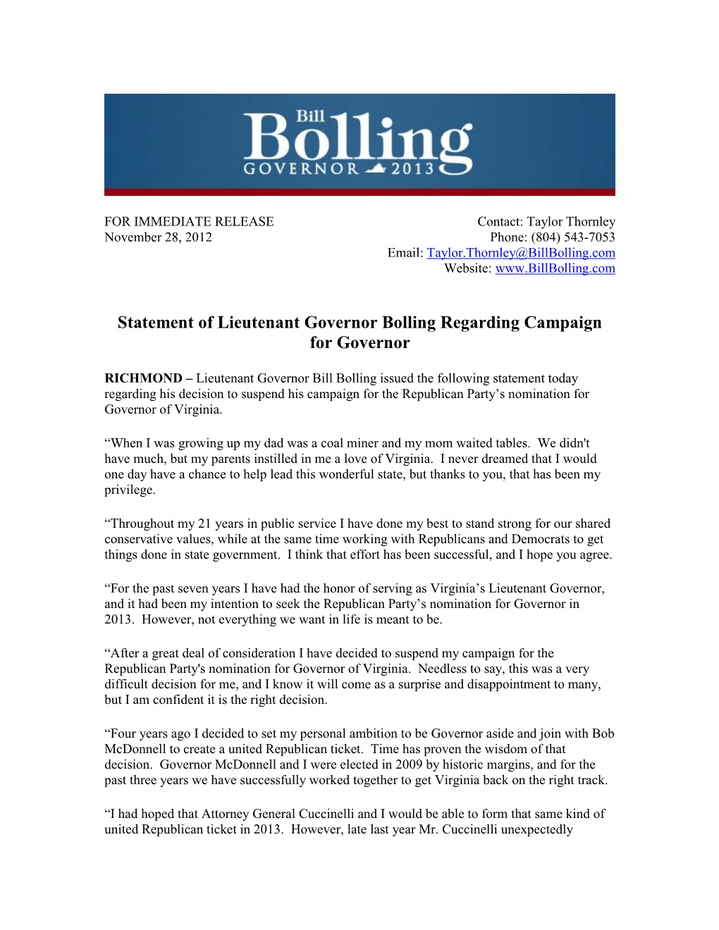 Statement of Lieutenant Governor Bolling Regarding Campaign for Governor