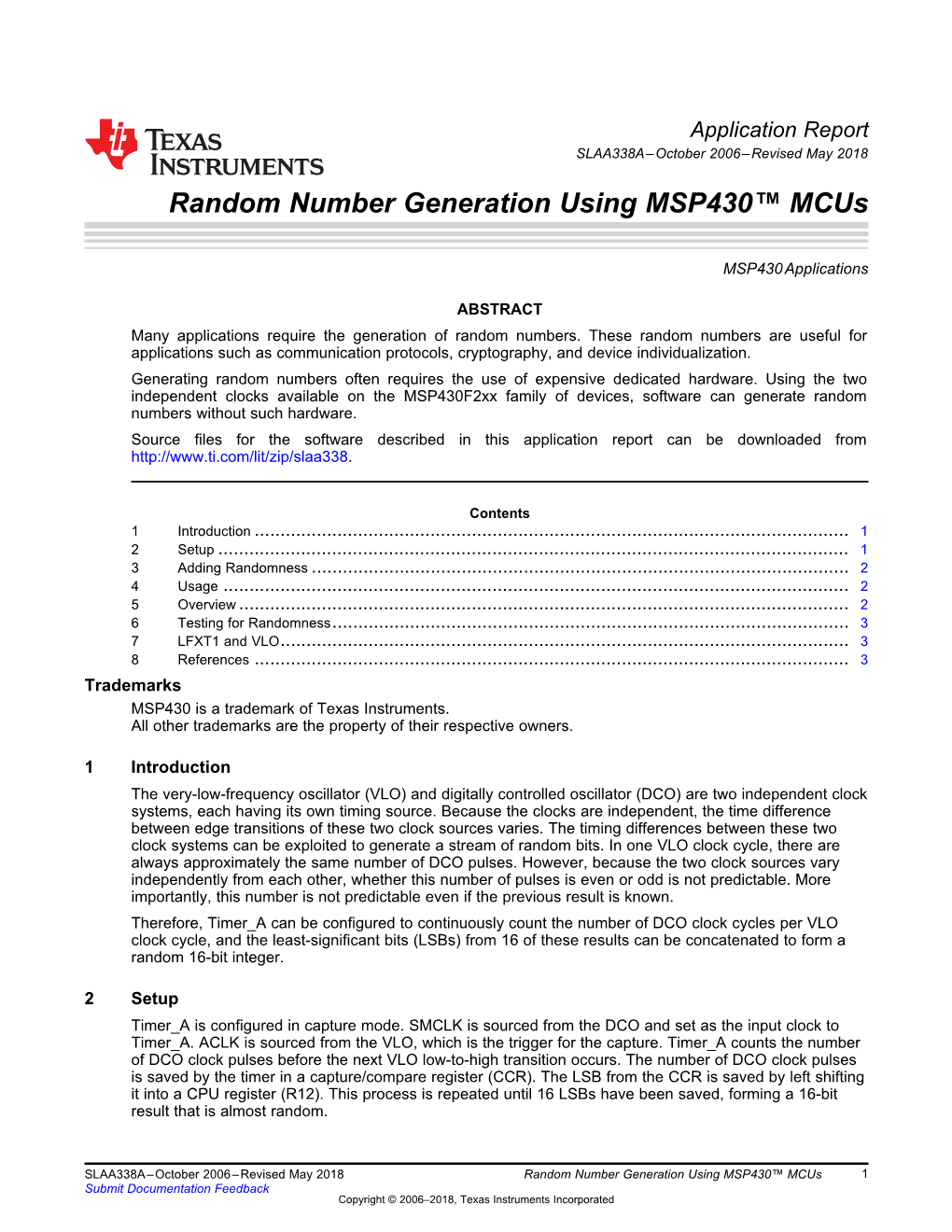 Random Number Generation Using MSP430™ Mcus (Rev. A)