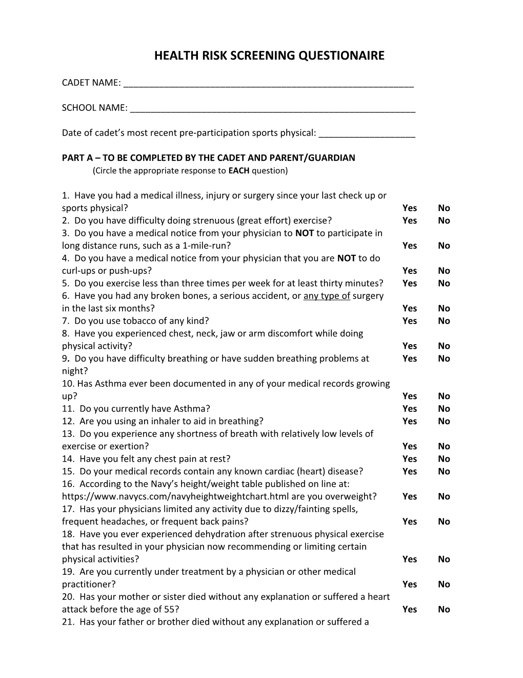 Health Risk Screening Questionaire