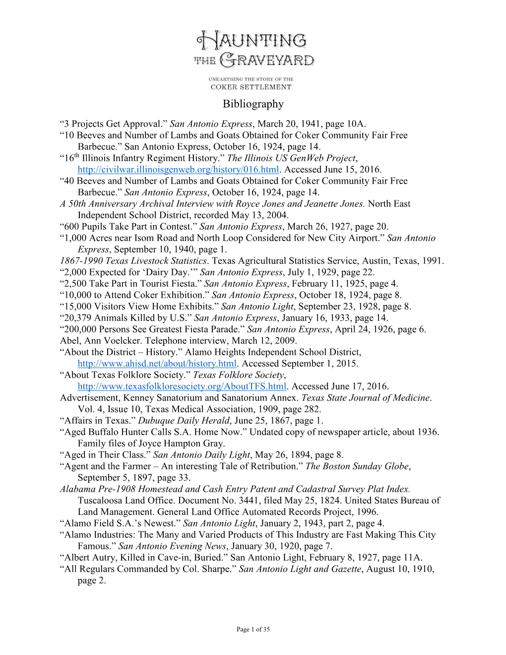 Bibliography “3 Projects Get Approval.” San Antonio Express, March 20, 1941, Page 10A