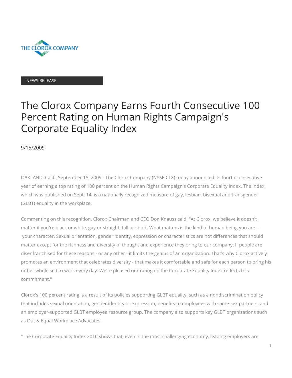 The Clorox Company Earns Fourth Consecutive 100 Percent Rating on Human Rights Campaign's Corporate Equality Index