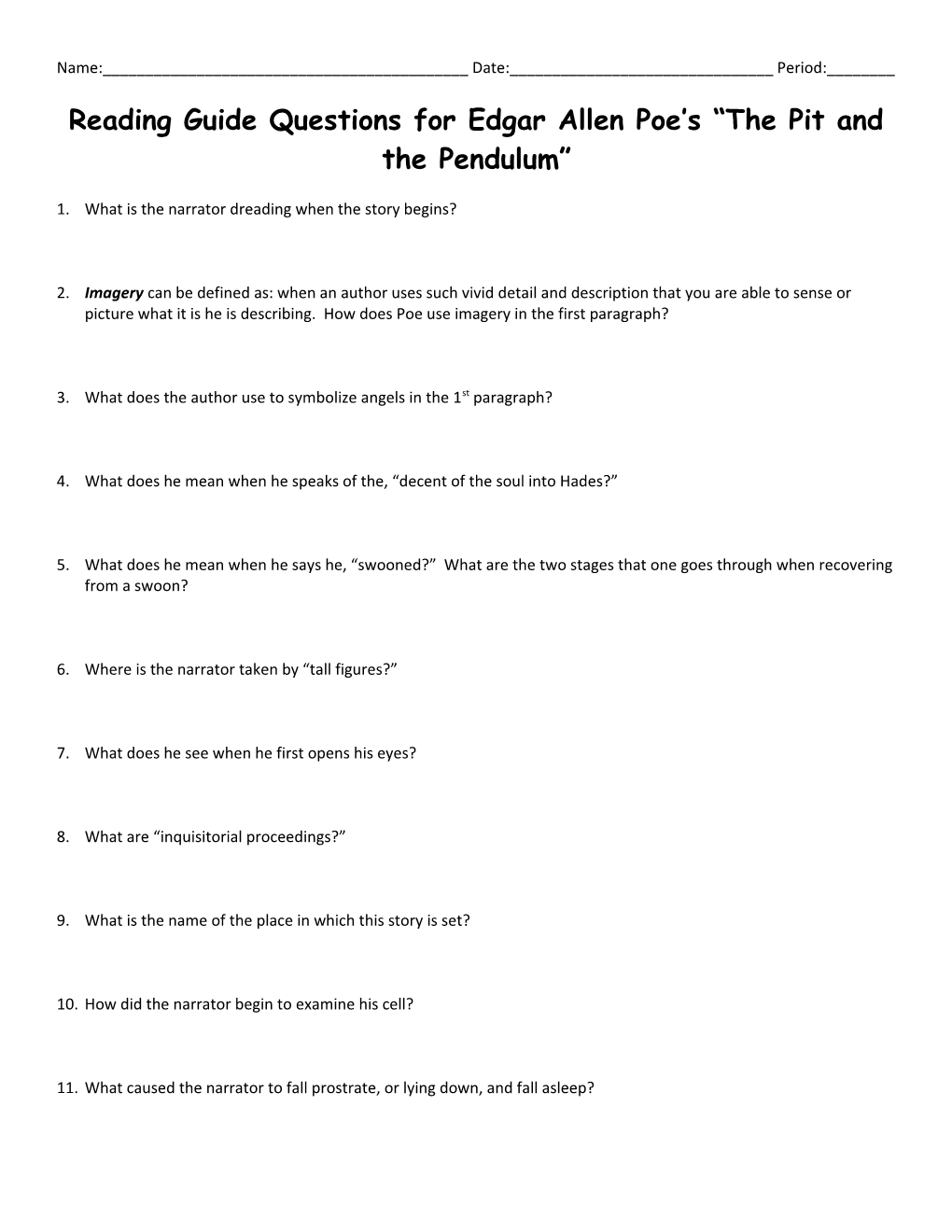 Study-Guide Questions for Edgar Allen Poe S the Pit and the Pendulum