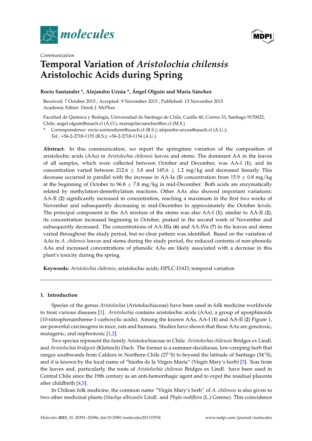 Temporal Variation of Aristolochia Chilensis Aristolochic Acids During Spring