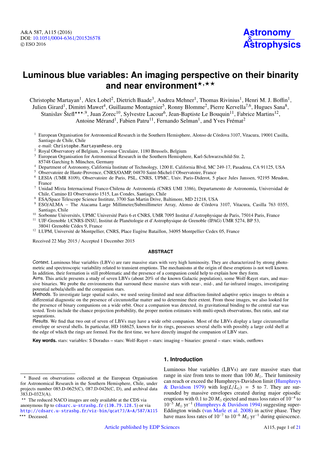 Luminous Blue Variables: an Imaging Perspective on Their Binarity and Near Environment?,??