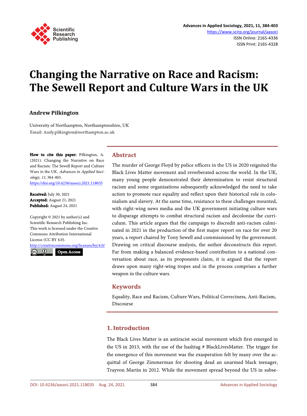 Changing the Narrative on Race and Racism: the Sewell Report and Culture Wars in the UK