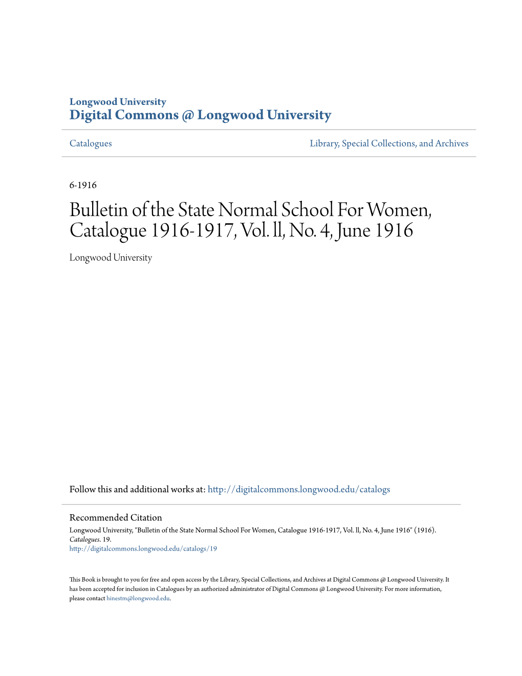 Bulletin of the State Normal School for Women, Catalogue 1916-1917, Vol