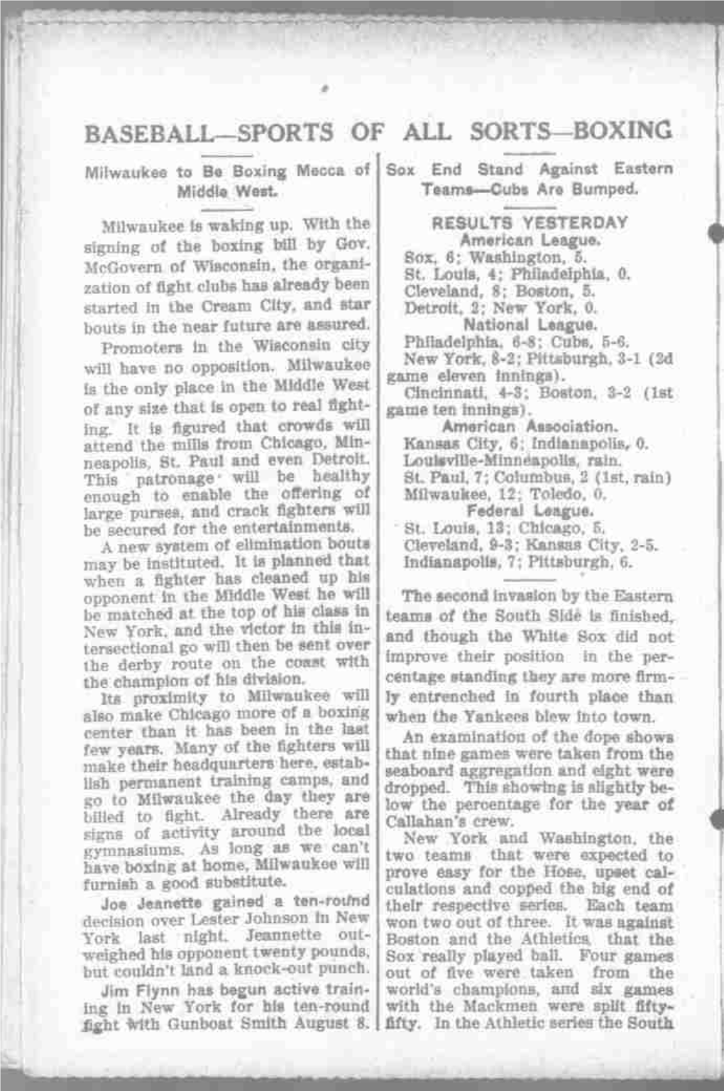 BASEBALL SPORTS of ALL SORTS BOXING Milwaukee to Be Boxing Mecca of Sox End Stand Against Eastern Middle
