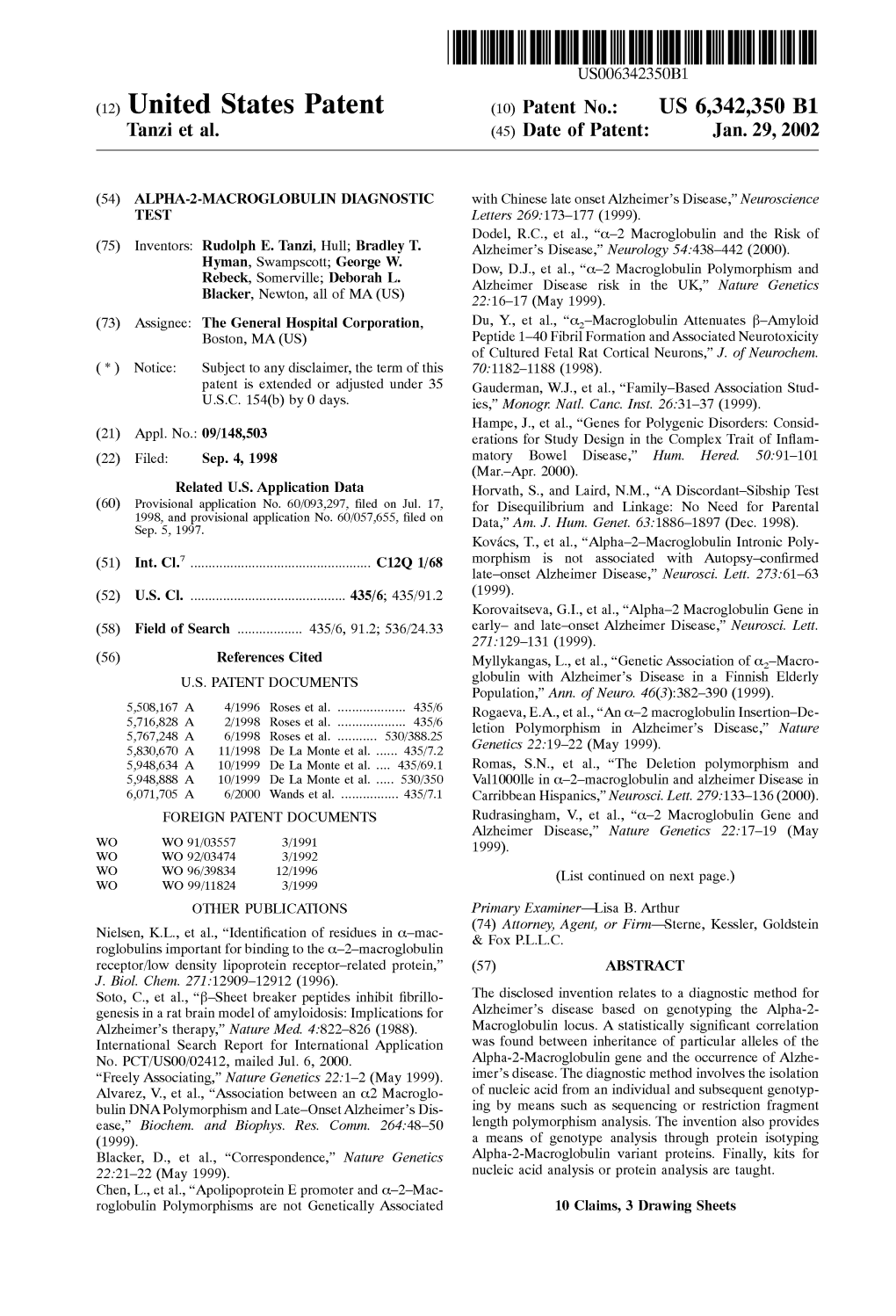 (12) United States Patent (10) Patent No.: US 6,342,350 B1 Tanzi Et Al