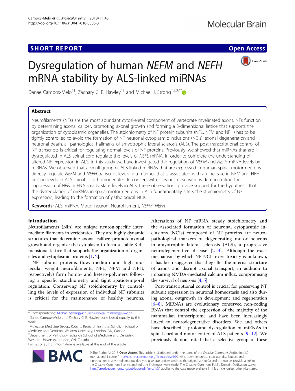 Dysregulation of Human NEFM and NEFH Mrna Stability by ALS-Linked Mirnas Danae Campos-Melo1†, Zachary C