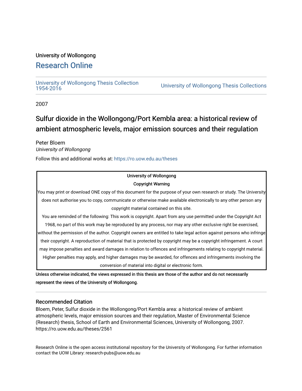 Sulfur Dioxide in the Wollongong/Port Kembla Area: a Historical Review of Ambient Atmospheric Levels, Major Emission Sources and Their Regulation