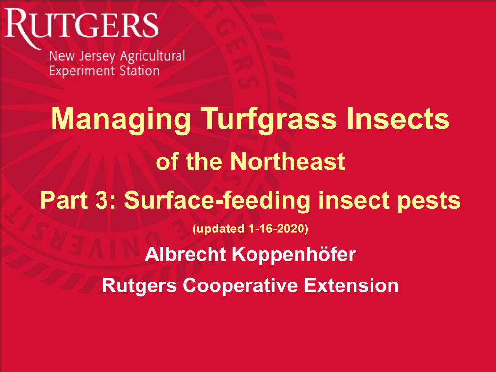 Managing Turfgrass Insects of the Northeast Part 3: Surface-Feeding Insect Pests (Updated 1-16-2020) Albrecht Koppenhöfer Rutgers Cooperative Extension Outline