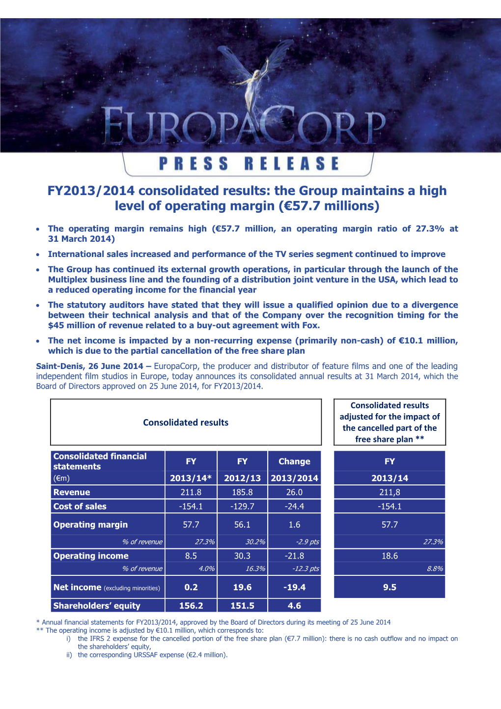 FY2013/2014 Consolidated Results: the Group Maintains a High Level of Operating Margin (€57.7 Millions)