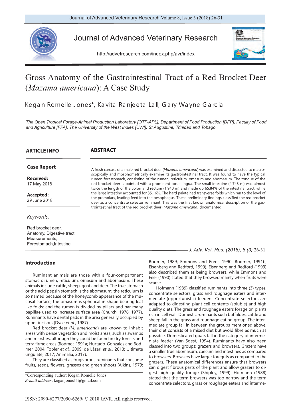 Gross Anatomy of the Gastrointestinal Tract of a Red Brocket Deer (Mazama Americana): a Case Study