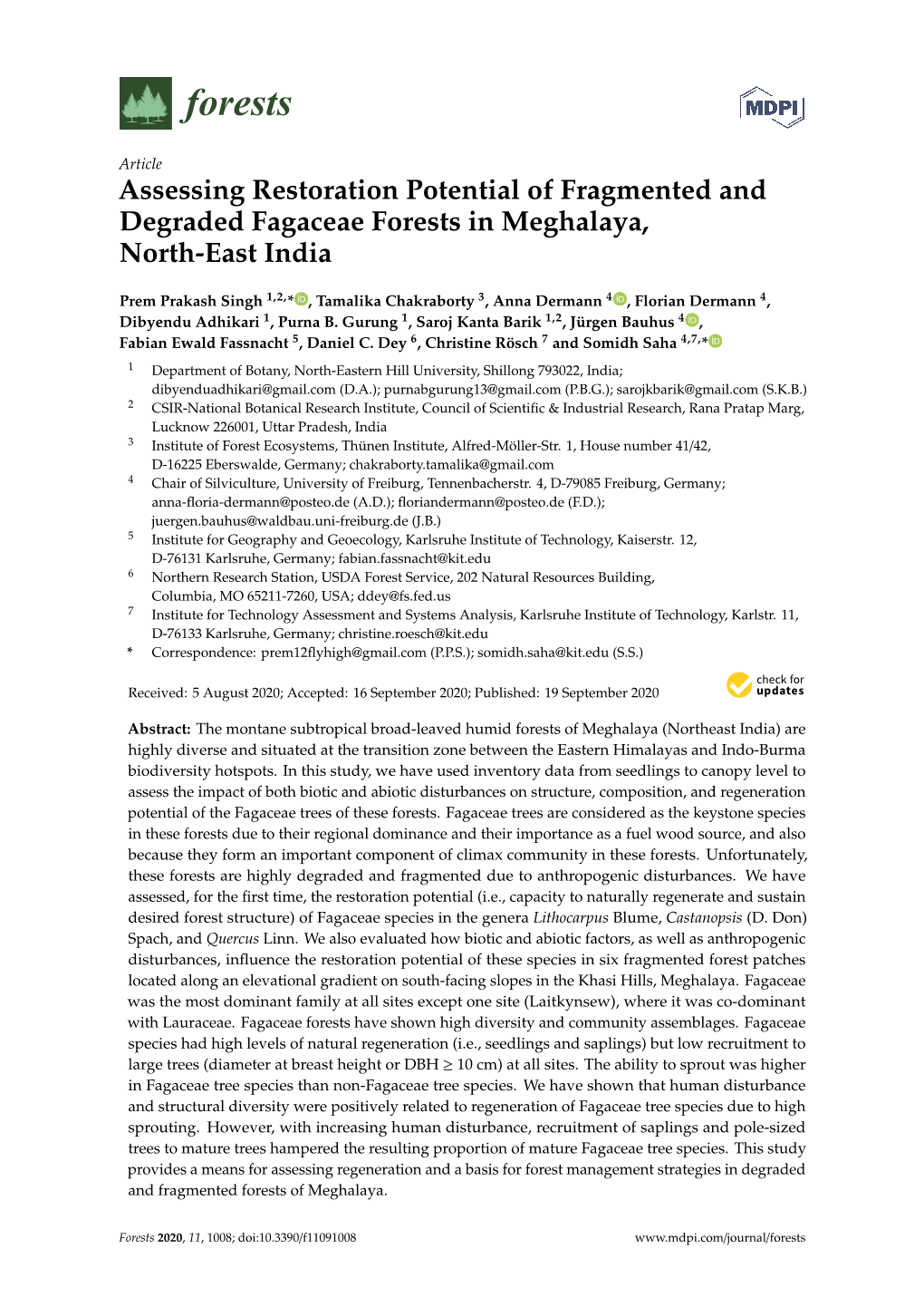 Assessing Restoration Potential of Fragmented and Degraded Fagaceae Forests in Meghalaya, North-East India