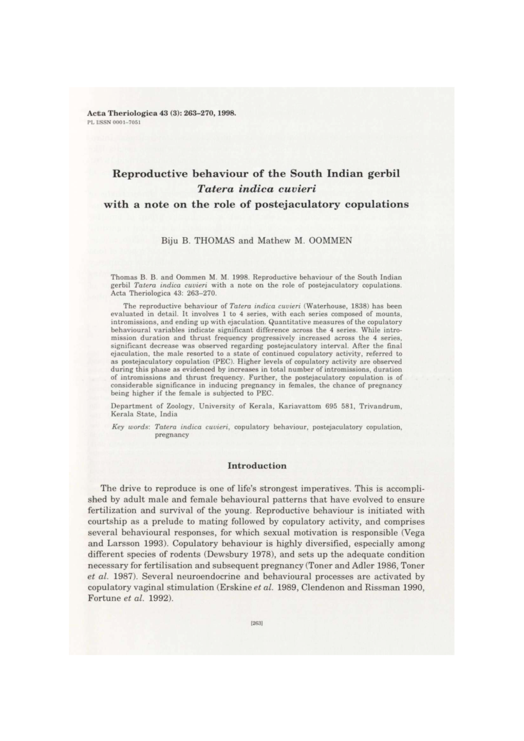 Reproductive Behaviour of the South Indian Gerbil Tat Era Indie a Cuvieri with a Note on the Role of Postejaculatory Copulations