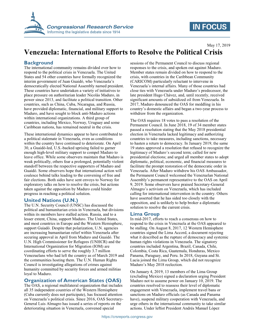 Venezuela: International Efforts to Resolve the Political Crisis