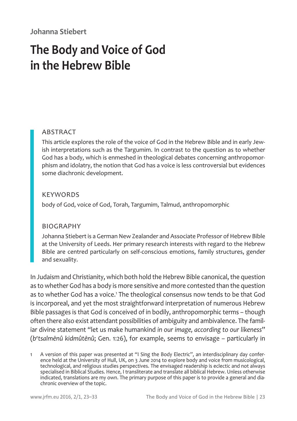 The Body and Voice of God in the Hebrew Bible