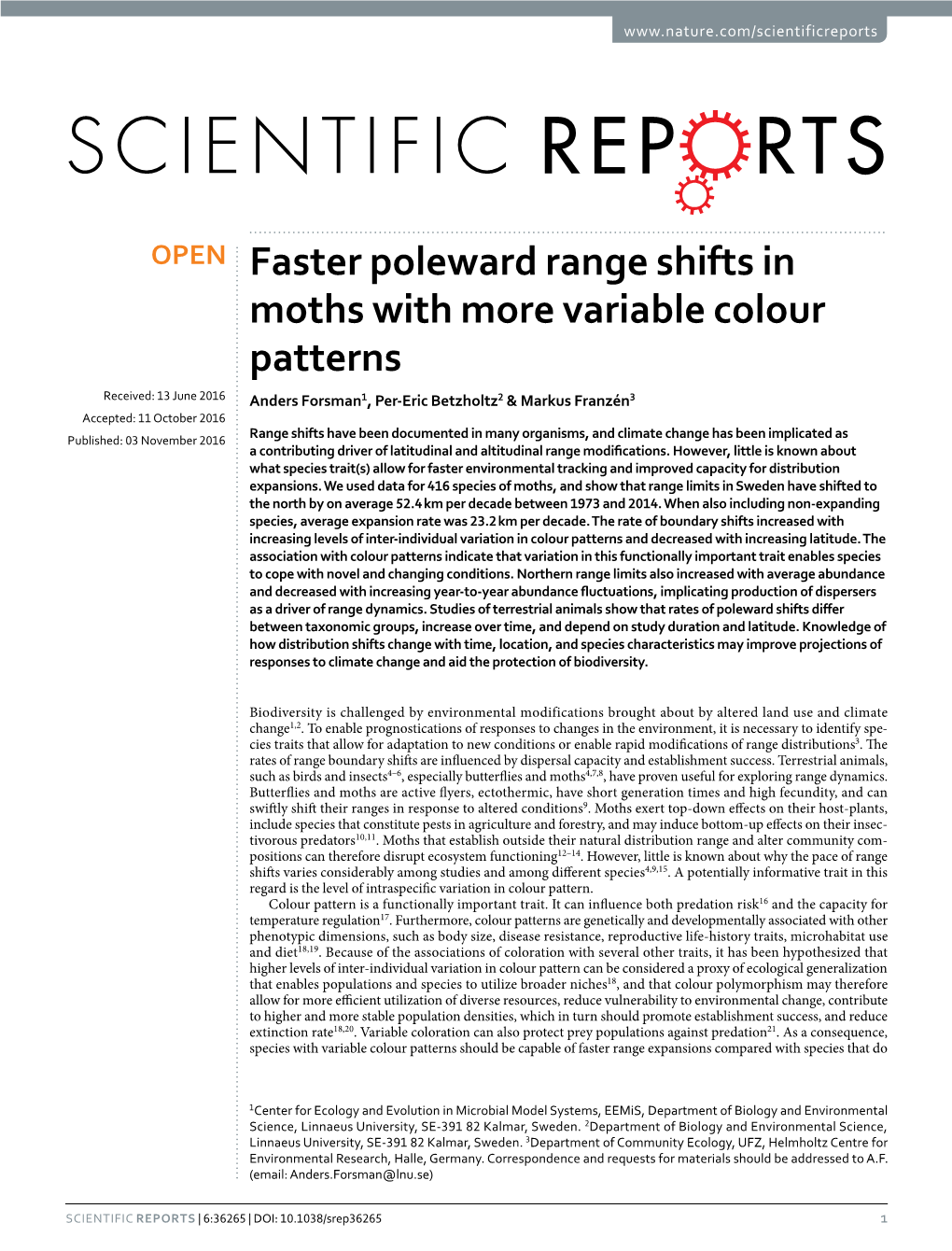 Faster Poleward Range Shifts in Moths with More Variable Colour Patterns