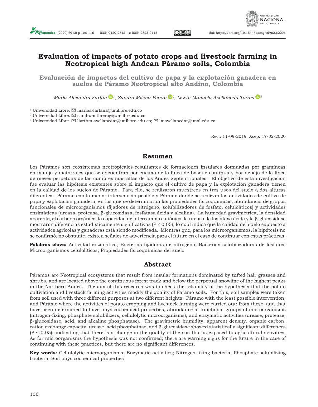 Evaluation of Impacts of Potato Crops and Livestock Farming in Neotropical High Andean Páramo Soils, Colombia