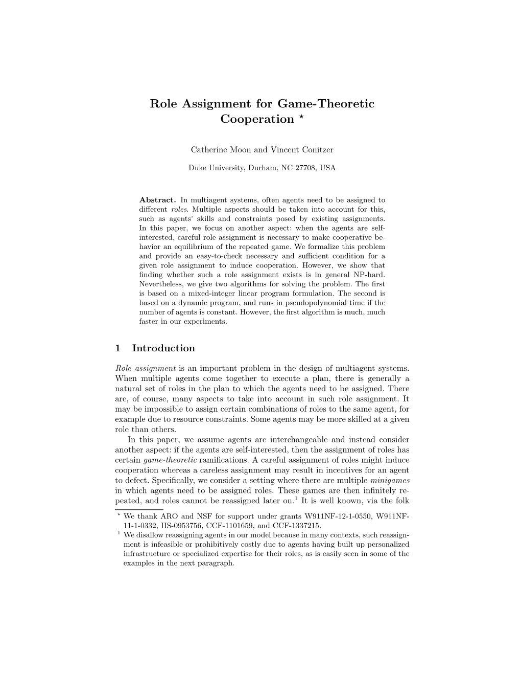 Role Assignment for Game-Theoretic Cooperation ⋆
