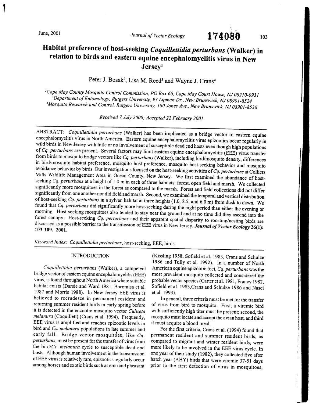 Habitat Preference of Host-Seeking Coquillettidia Perturbans (Walker) in Relation to Birds and Eastern Equine Encephalomyelitis Virus in New Jersey1