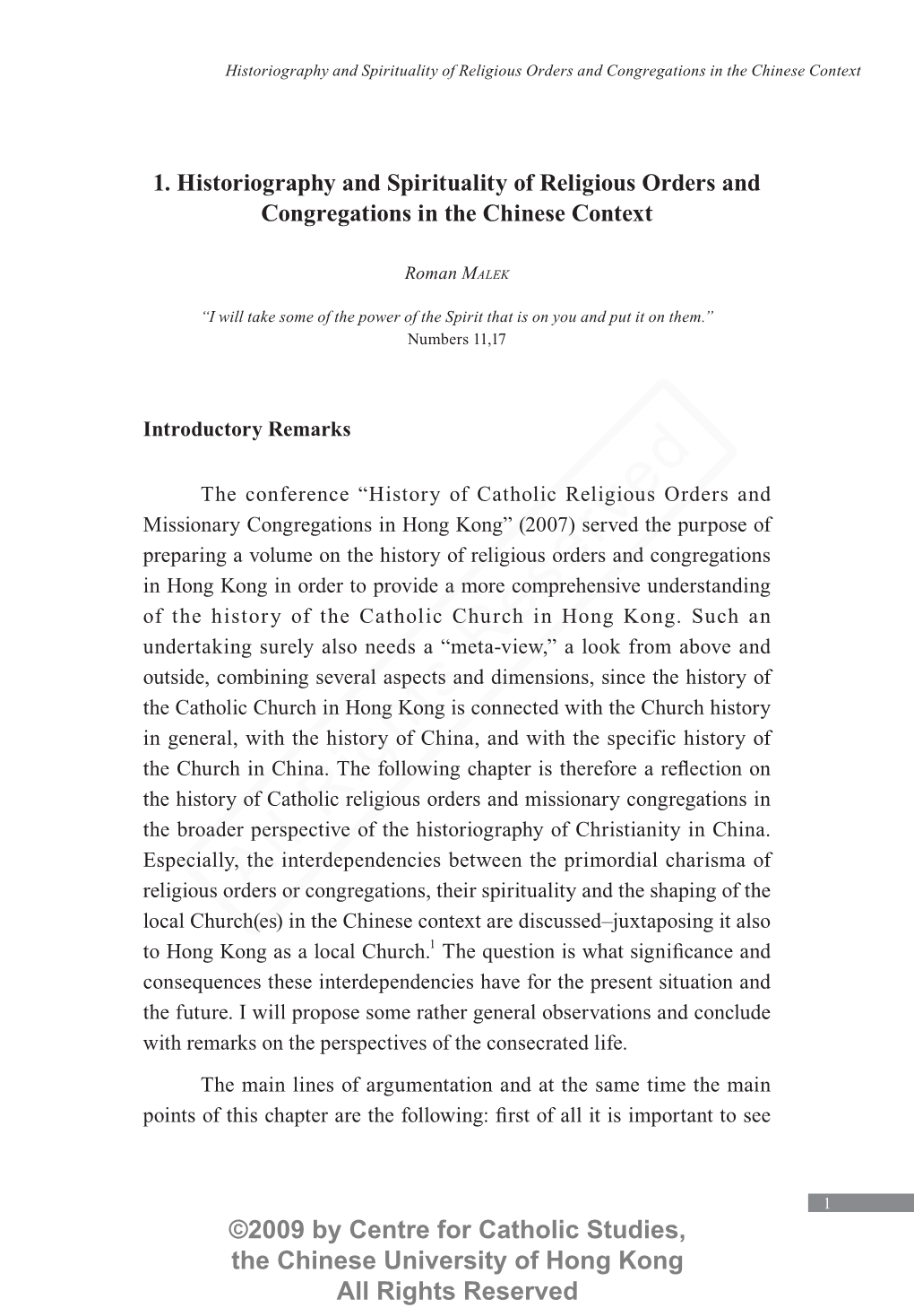 1. Historiography and Spirituality of Religious Orders and Congregations in the Chinese Context