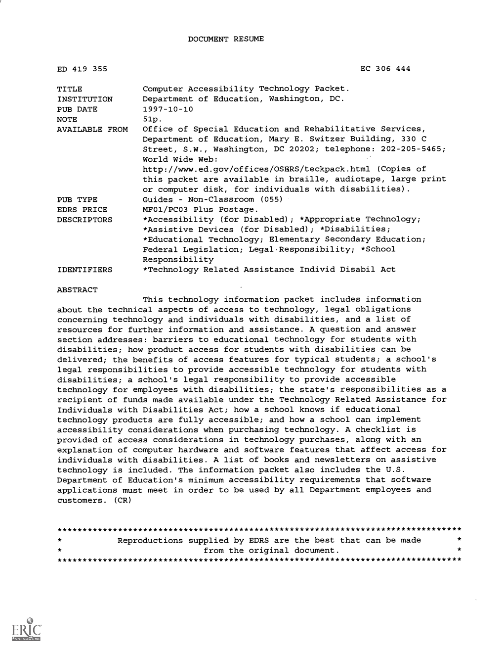 DOCUMENT RESUME Computer Accessibility Technology Packet