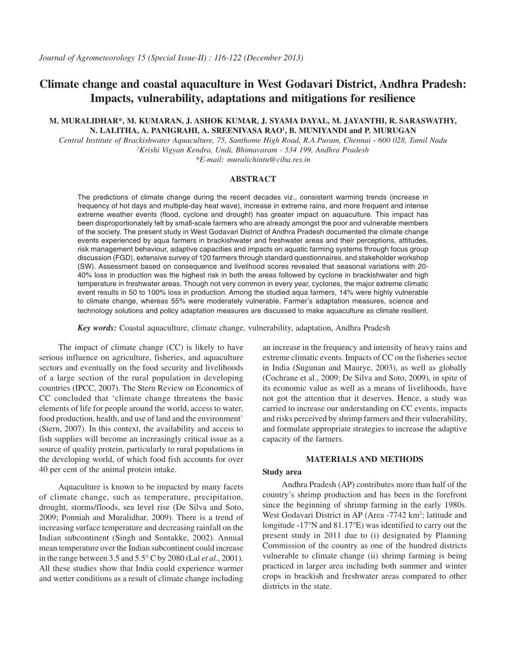 Climate Change and Coastal Aquaculture in West Godavari District, Andhra Pradesh: Impacts, Vulnerability, Adaptations and Mitigations for Resilience