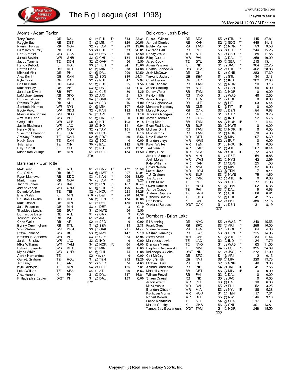 The Big League (Est. 1998) Playoff Week 4 06-Mar-2014 12:09 AM Eastern