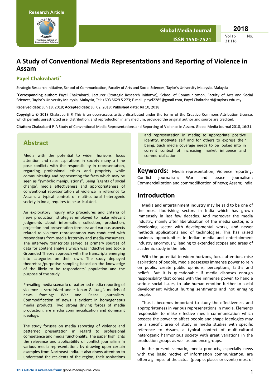 A Study of Conventional Media Representations and Reporting of Violence in Assam Payel Chakrabarti*